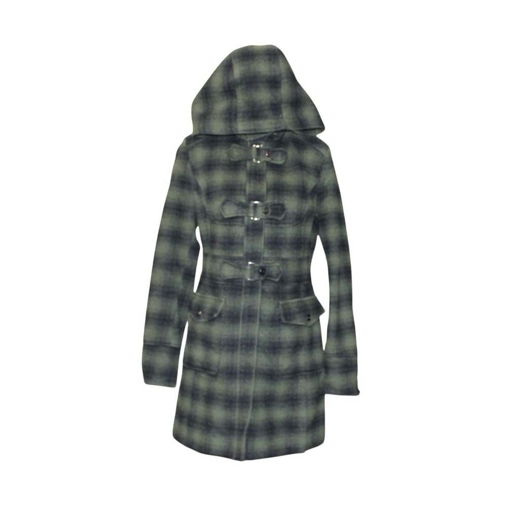 Steve Madden Toggle Coat Women Medium Green Black Plaid EUC Wool Blend Hood - Picture 1 of 7